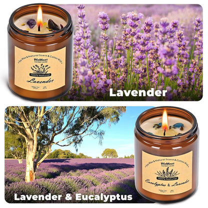 WEMEET 2er Set Duftkerzen Geschenkset, Lavendelkerzen für Zuhause mit Kristallen 7oz, Eukalyptus-Lavendel Kerze mit Trockenblumen, Aromatherapie Kerze für Geburtstag, Muttertag, Weihnachten