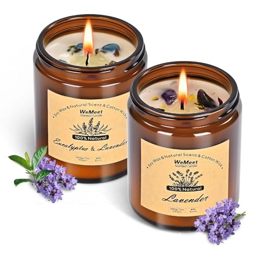 WEMEET 2er Set Duftkerzen Geschenkset, Lavendelkerzen für Zuhause mit Kristallen 7oz, Eukalyptus-Lavendel Kerze mit Trockenblumen, Aromatherapie Kerze für Geburtstag, Muttertag, Weihnachten