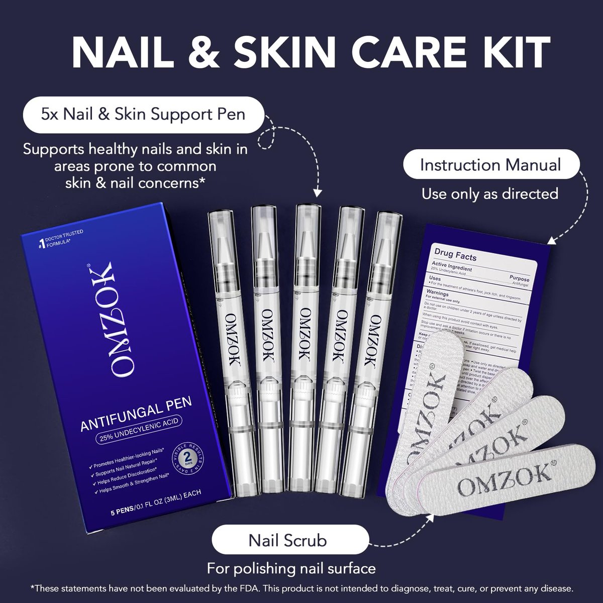 Nagelpilz Stift - Starke Nagelpilzbehandlung mit 25% Undecylensäure, Teebaum & Jojoba - Nagelpilz Reparatur Set für beschädigte, verfärbte, eingewachsene Nägel (5er Pack)