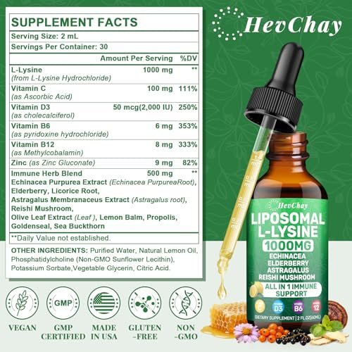 Liposomales Lysin 1000 mg flüssige Tropfen, 16-in-1 L-Lysin Nahrungsergänzungsmittel für Kinder und Erwachsene, Echinacea & Holunderbeere mit Vitamin C, B6, D3, B12 & Zink für Kollagen, Lippen-, Haut- und Immununterstützung, 1 Packung