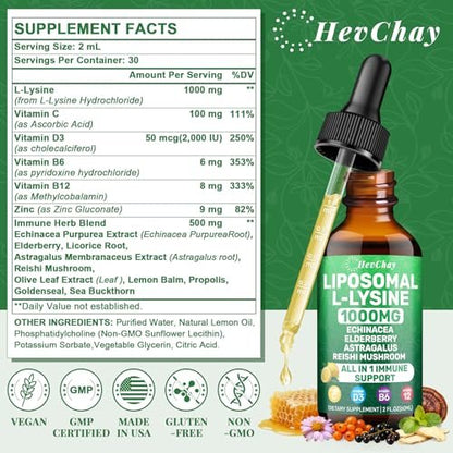 Liposomales Lysin 1000 mg flüssige Tropfen, 16-in-1 L-Lysin Nahrungsergänzungsmittel für Kinder und Erwachsene, Echinacea & Holunderbeere mit Vitamin C, B6, D3, B12 & Zink für Kollagen, Lippen-, Haut- und Immununterstützung, 1 Packung