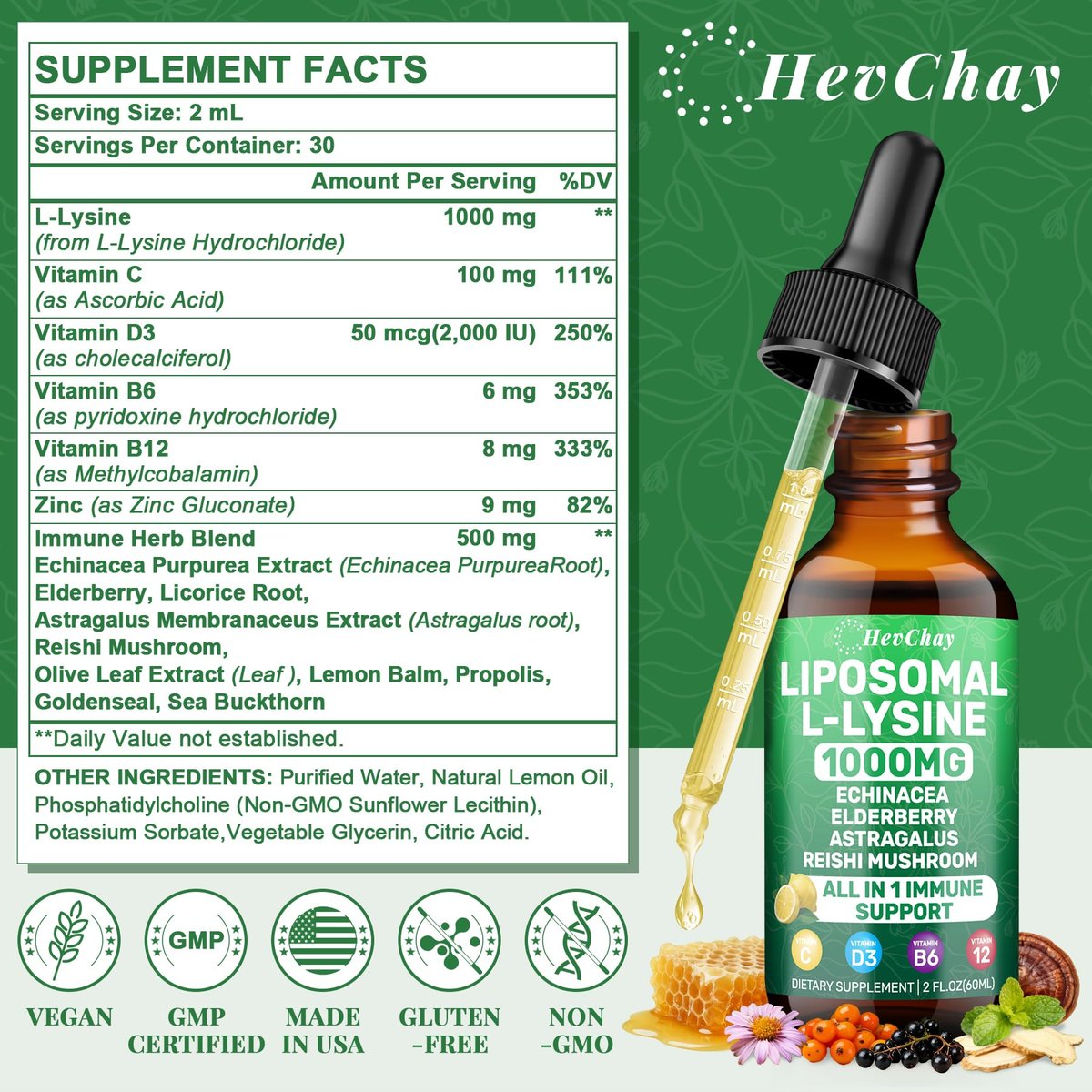 Liposomales Lysin 1000 mg flüssige Tropfen, 16-in-1 L-Lysin Nahrungsergänzungsmittel für Kinder und Erwachsene, Echinacea & Holunderbeere mit Vitamin C, B6, D3, B12 & Zink für Kollagen, Lippen-, Haut- und Immununterstützung, 1 Packung