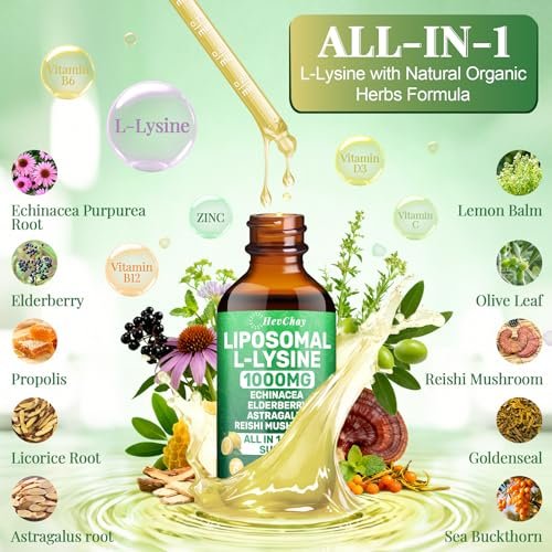 Liposomales Lysin 1000 mg flüssige Tropfen, 16-in-1 L-Lysin Nahrungsergänzungsmittel für Kinder und Erwachsene, Echinacea & Holunderbeere mit Vitamin C, B6, D3, B12 & Zink für Kollagen, Lippen-, Haut- und Immununterstützung, 1 Packung