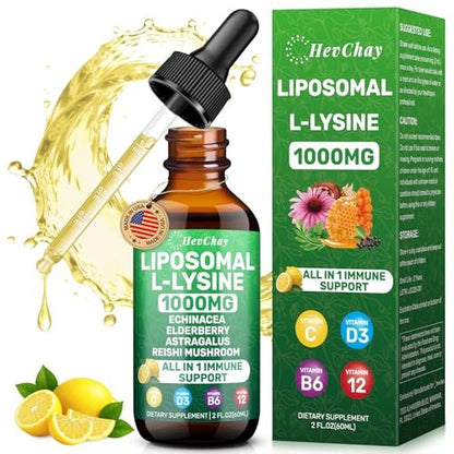 Liposomales Lysin 1000 mg flüssige Tropfen, 16-in-1 L-Lysin Nahrungsergänzungsmittel für Kinder und Erwachsene, Echinacea & Holunderbeere mit Vitamin C, B6, D3, B12 & Zink für Kollagen, Lippen-, Haut- und Immununterstützung, 1 Packung