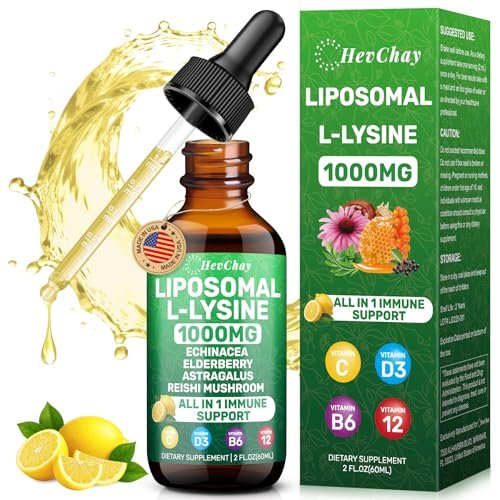 Liposomales Lysin 1000 mg flüssige Tropfen, 16-in-1 L-Lysin Nahrungsergänzungsmittel für Kinder und Erwachsene, Echinacea & Holunderbeere mit Vitamin C, B6, D3, B12 & Zink für Kollagen, Lippen-, Haut- und Immununterstützung, 1 Packung