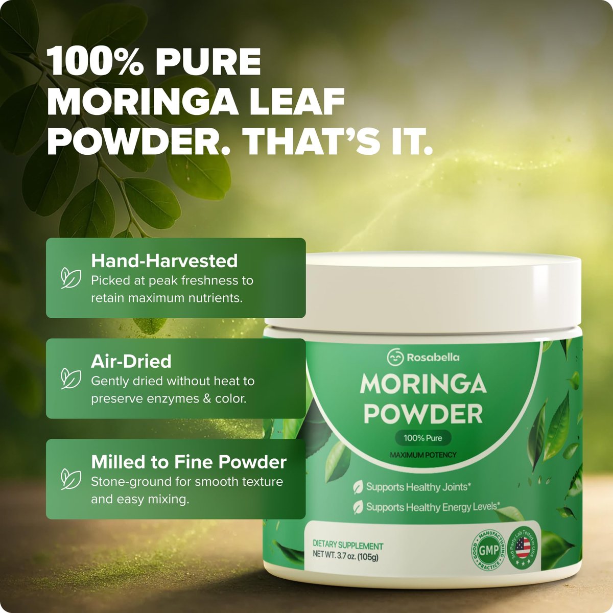 Rosabella Pure Moringa Pulver – Energie, Haut, Immunsystem & Darmgesundheit Superfood, Reich an Antioxidantien, Essentiellen Vitaminen & Aminosäuren, Natürliches grünes Superfood Nahrungsergänzungsmittel (3,7 oz (1er Pack))