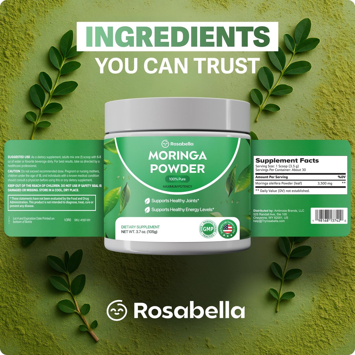 Rosabella Pure Moringa Pulver – Energie, Haut, Immunsystem & Darmgesundheit Superfood, Reich an Antioxidantien, Essentiellen Vitaminen & Aminosäuren, Natürliches grünes Superfood Nahrungsergänzungsmittel (3,7 oz (1er Pack))