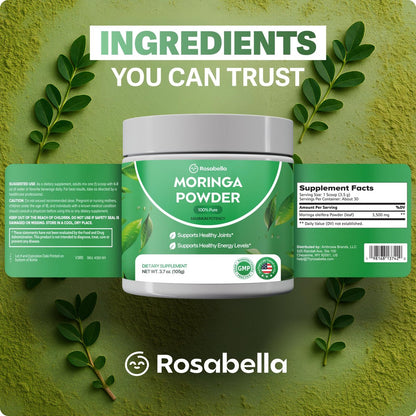Rosabella Pure Moringa Pulver – Energie, Haut, Immunsystem & Darmgesundheit Superfood, Reich an Antioxidantien, Essentiellen Vitaminen & Aminosäuren, Natürliches grünes Superfood Nahrungsergänzungsmittel (3,7 oz (1er Pack))