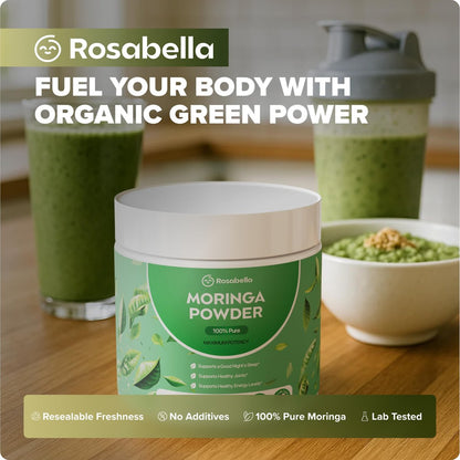 Rosabella Pure Moringa Pulver – Energie, Haut, Immunsystem & Darmgesundheit Superfood, Reich an Antioxidantien, Essentiellen Vitaminen & Aminosäuren, Natürliches grünes Superfood Nahrungsergänzungsmittel (3,7 oz (1er Pack))