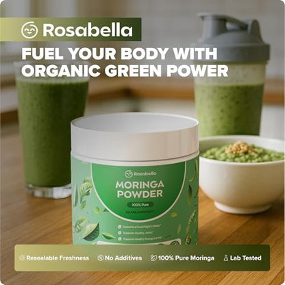 Rosabella Pure Moringa Pulver – Energie, Haut, Immunsystem & Darmgesundheit Superfood, Reich an Antioxidantien, Essentiellen Vitaminen & Aminosäuren, Natürliches grünes Superfood Nahrungsergänzungsmittel (3,7 oz (1er Pack))