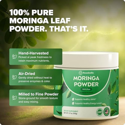 Rosabella Pure Moringa Pulver – Energie, Haut, Immunsystem & Darmgesundheit Superfood, Reich an Antioxidantien, Essentiellen Vitaminen & Aminosäuren, Natürliches grünes Superfood Nahrungsergänzungsmittel (3,7 oz (1er Pack))