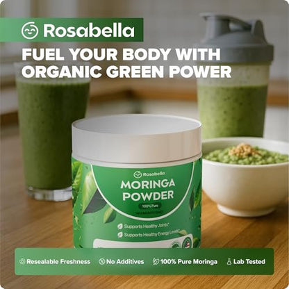 Rosabella Pure Moringa Pulver – Energie, Haut, Immunsystem & Darmgesundheit Superfood, Reich an Antioxidantien, Essentiellen Vitaminen & Aminosäuren, Natürliches grünes Superfood Nahrungsergänzungsmittel (3,7 oz (1er Pack))