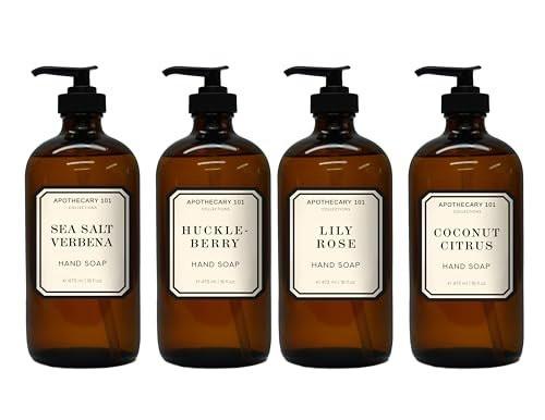 Apothecary 101 Glas Handseife Set – 4 x 500 ml Flaschen mit Meersalz Verbene, Heidelbeere, Lilie Rose & Kokosnuss Zitrus – Home & Body Company