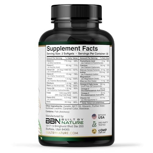 Built by Nature Schwangerschaftsvitamine für Frauen – Präparat mit DHA, Eisen & Folsäure – Multivitamin Weichkapseln – 60 Stück