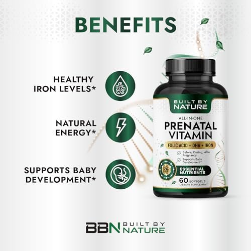 Built by Nature Schwangerschaftsvitamine für Frauen – Präparat mit DHA, Eisen & Folsäure – Multivitamin Weichkapseln – 60 Stück