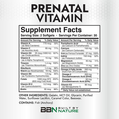Built by Nature Schwangerschaftsvitamine für Frauen – Präparat mit DHA, Eisen & Folsäure – Multivitamin Weichkapseln – 60 Stück