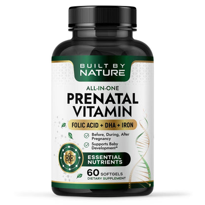 Built by Nature Schwangerschaftsvitamine für Frauen – Präparat mit DHA, Eisen & Folsäure – Multivitamin Weichkapseln – 60 Stück