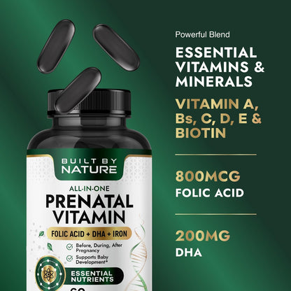 Built by Nature Schwangerschaftsvitamine für Frauen – Präparat mit DHA, Eisen & Folsäure – Multivitamin Weichkapseln – 60 Stück