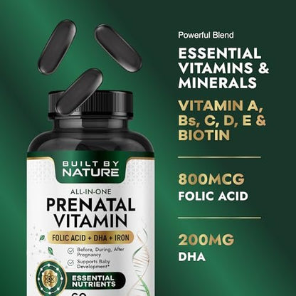 Built by Nature Schwangerschaftsvitamine für Frauen – Präparat mit DHA, Eisen & Folsäure – Multivitamin Weichkapseln – 60 Stück