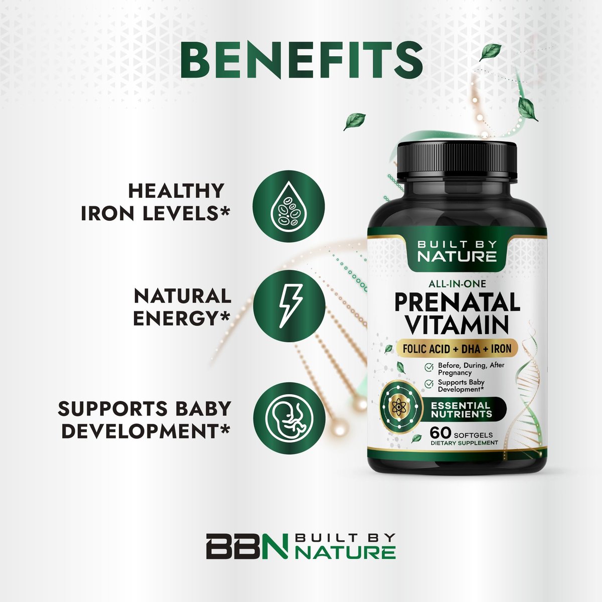 Built by Nature Schwangerschaftsvitamine für Frauen – Präparat mit DHA, Eisen & Folsäure – Multivitamin Weichkapseln – 60 Stück