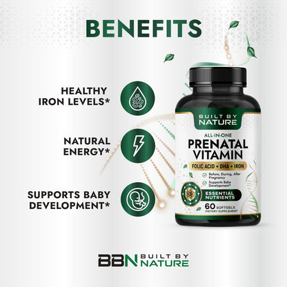 Built by Nature Schwangerschaftsvitamine für Frauen – Präparat mit DHA, Eisen & Folsäure – Multivitamin Weichkapseln – 60 Stück