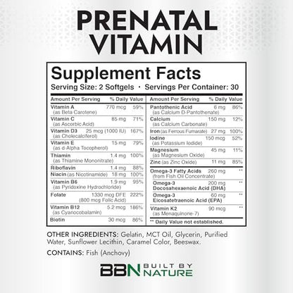 Built by Nature Schwangerschaftsvitamine für Frauen – Präparat mit DHA, Eisen & Folsäure – Multivitamin Weichkapseln – 60 Stück