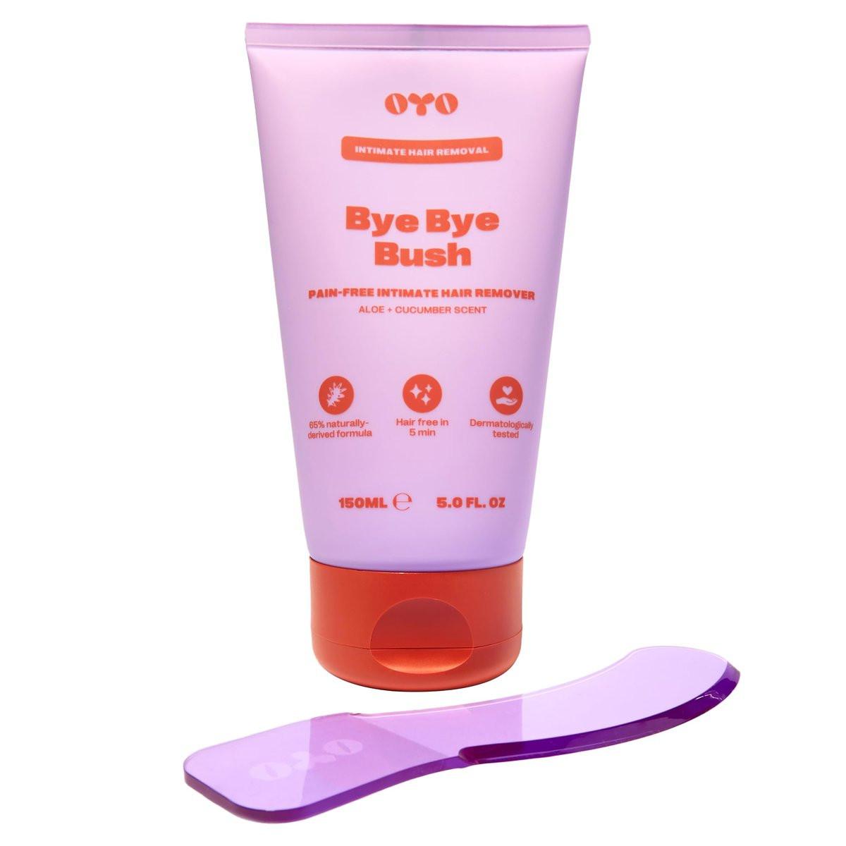 Bye Bye Bush von OYO – Enthaarungscreme für Frauen für Intimbereich, Bikinizone, Innenseiten der Oberschenkel & Achseln, Formel für empfindliche Haut, 65 % natürliche Inhaltsstoffe, schnell wirkend, Aloe & Gurke – 150 ml
