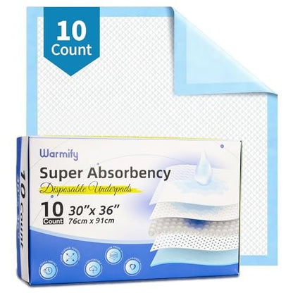 Warmify 10er-Pack Einweg-Bettauflagen 30" x 36" für Erwachsene, Kinder & Haustiere – Superabsorbierende Inkontinenzunterlagen mit wasserdichter Rückseite, auslaufsicher, weiche Vlies-Oberseite, Schutz für Bett & Möbel