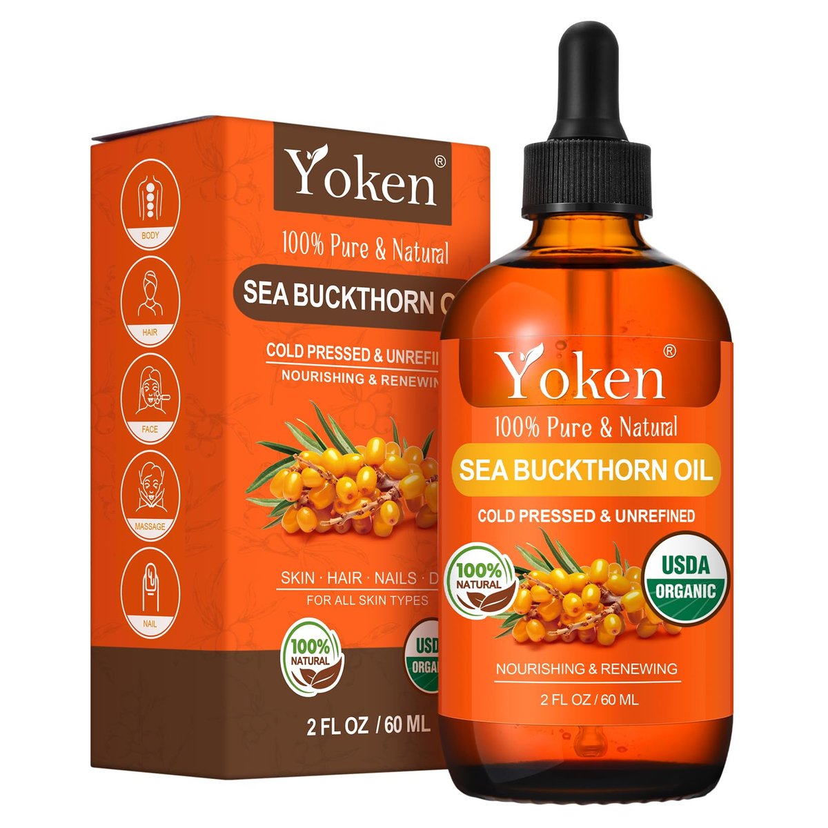 Yoken Bio-Sanddornöl für Gesicht, Haare & Nägel – 100% kaltgepresstes, natürliches Gesichtsöl aus Sanddornbeeren – 60 ml für tiefe Feuchtigkeit und Hautpflege