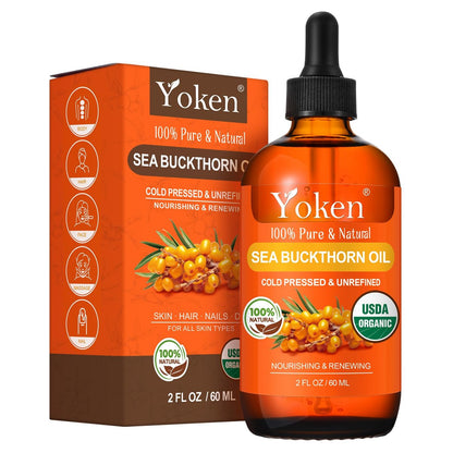 Yoken Bio-Sanddornöl für Gesicht, Haare & Nägel – 100% kaltgepresstes, natürliches Gesichtsöl aus Sanddornbeeren – 60 ml für tiefe Feuchtigkeit und Hautpflege