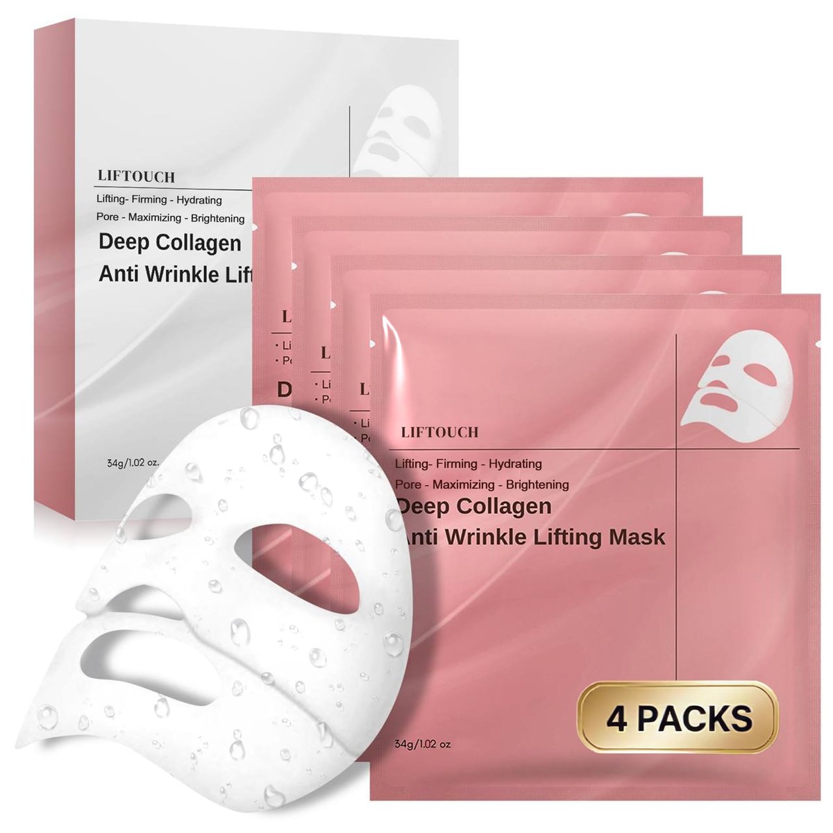 Liftouch Korean Overnight Collagen Gesichtsmaske (4er Pack) – Feuchtigkeitsspendende Tiefenpflege-Maske mit Kollagen für Frauen – Anti-Aging Bio-Collagen Real Deep Mask – Glas-Haut-Gesichtsbehandlung