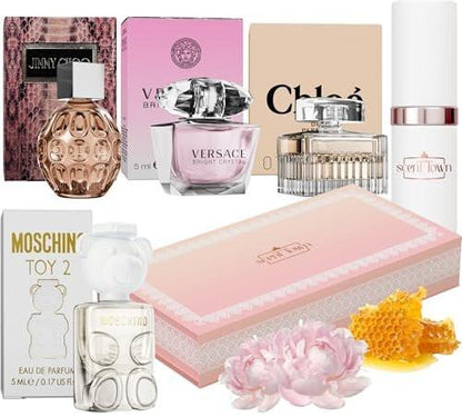 Scentown Mini Parfums für Damen (Set mit 5) – Designer-Parfümproben für Damen in einer eleganten Geschenkbox – Inklusive Moschino, Jimmy Choo, Chloé, Versace & nachfüllbarem Zerstäuber