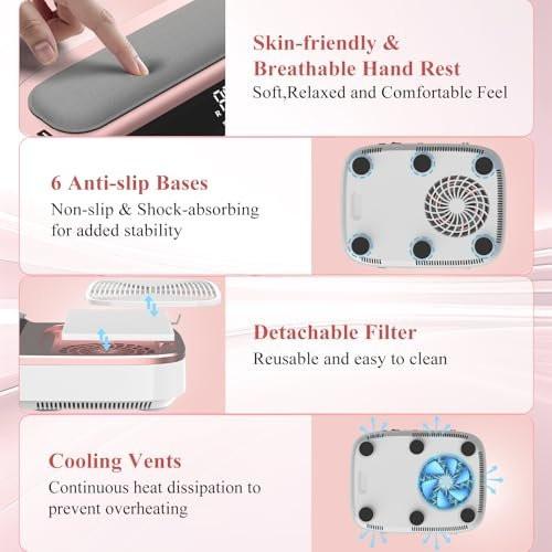 3-in-1 Nagelstaubabsauger, Elektrischer Nagelbohrer & UV-LED-Nagellampe – 5 Saugstufen, Stufenlose Drehzahl Vorwärts/Rückwärts, Kabellos, 8000mAh Nageltechnik-Set mit Timer & Auto-Sensor für Zuhause & Salon (Pink)
