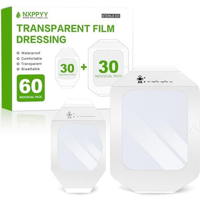 60 Stück transparente Wundauflage – 4" x 4,75" wasserdichte Pflaster für Wunden + 2,37" x 2,75" Wundauflage zum Schwimmen, nach der OP, für IV-Schutz, Tattoo-Pflege, selbstklebende Pflaster
