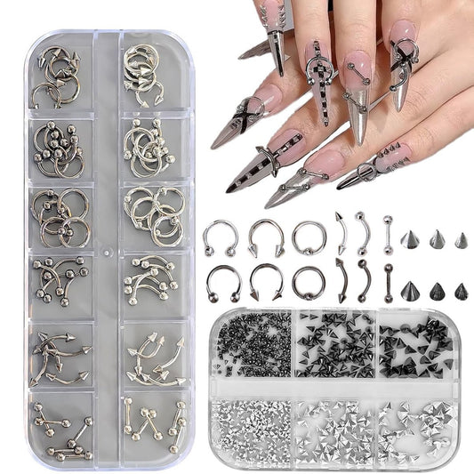 KACHIMOO Nagelpiercing-Charms – 2 Boxen Metal Punk Goth Studs Silber Schwarz Y2K Nagelkunst-Dekoration