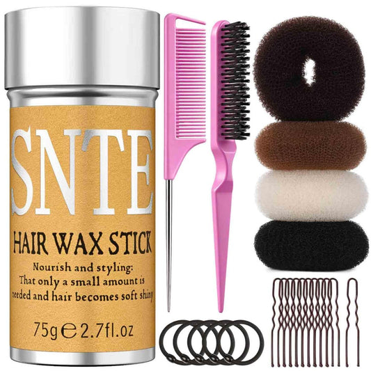 Haarknotenformer für Kinder, Mädchen & Frauen – Bändigt Frizz, glättet fliegende Haare, kreiert Knoten & Hochsteckfrisuren – 4 schwarze Donut-Sockenbuns in verschiedenen Größen, 1 Haarwachsstift, 5 elastische Haargummis, 10 Haarnadeln, 2 Stylingbürsten