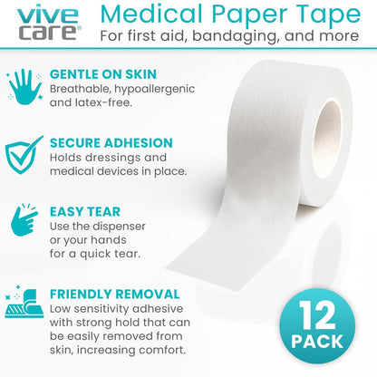Vivecare Medical Paper Tape – Hypoallergenes Chirurgisches Pflaster für die Wundversorgung – Atmungsaktiv, Sanft & Latexfrei – Erste-Hilfe-Klebeband für empfindliche Haut, Verbände & Mull (1'' x 10 yd)