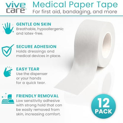Vivecare Medical Paper Tape – Hypoallergenes Chirurgisches Pflaster für die Wundversorgung – Atmungsaktiv, Sanft & Latexfrei – Erste-Hilfe-Klebeband für empfindliche Haut, Verbände & Mull (1'' x 10 yd)
