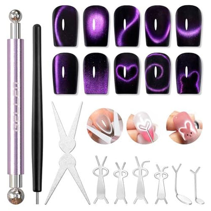 GELLEN Katzenaugen-Magnet-Set für Nägel, starke Nagelmagnete mit doppelseitigem Magnetstift, 8 mm und 10 mm Kugelmagnete, French-Tip-Katzenaugen-Führungsplatte, Hasen- und Herz-Designplatten für Gel-Nagellack