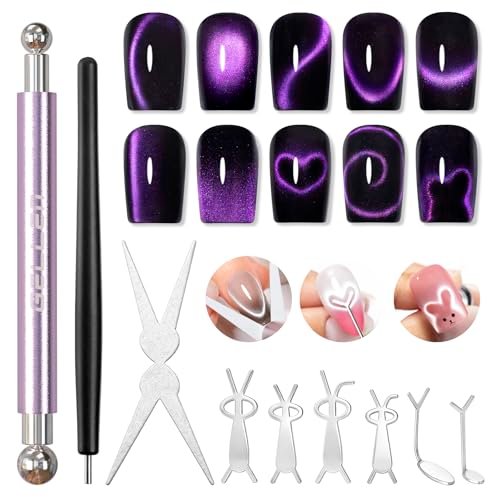 GELLEN Katzenaugen-Magnet-Set für Nägel, starke Nagelmagnete mit doppelseitigem Magnetstift, 8 mm und 10 mm Kugelmagnete, French-Tip-Katzenaugen-Führungsplatte, Hasen- und Herz-Designplatten für Gel-Nagellack