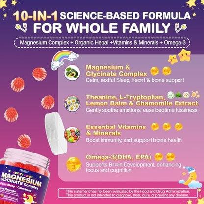 Magnesium Glycinat Gummis für Kinder ab 4 Jahren & Erwachsene, 90 Stück – Ohne Melatonin, Zuckerfrei, Vegan mit Glycin, L-Theanin, B6, D3, Zink & Omega 3 – Himbeergeschmack