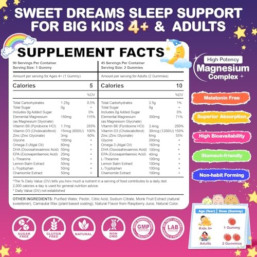 Magnesium Glycinat Gummis für Kinder ab 4 Jahren & Erwachsene, 90 Stück – Ohne Melatonin, Zuckerfrei, Vegan mit Glycin, L-Theanin, B6, D3, Zink & Omega 3 – Himbeergeschmack