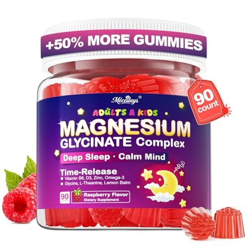 Magnesium Glycinat Gummis für Kinder ab 4 Jahren & Erwachsene, 90 Stück – Ohne Melatonin, Zuckerfrei, Vegan mit Glycin, L-Theanin, B6, D3, Zink & Omega 3 – Himbeergeschmack