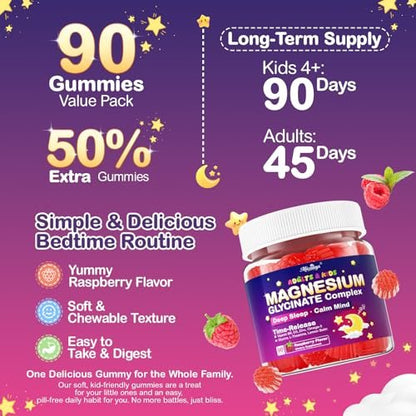 Magnesium Glycinat Gummis für Kinder ab 4 Jahren & Erwachsene, 90 Stück – Ohne Melatonin, Zuckerfrei, Vegan mit Glycin, L-Theanin, B6, D3, Zink & Omega 3 – Himbeergeschmack