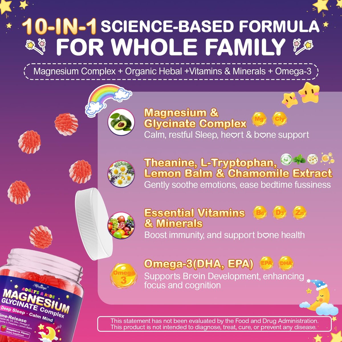 Magnesium Glycinat Gummis für Kinder ab 4 Jahren & Erwachsene, 90 Stück – Ohne Melatonin, Zuckerfrei, Vegan mit Glycin, L-Theanin, B6, D3, Zink & Omega 3 – Himbeergeschmack