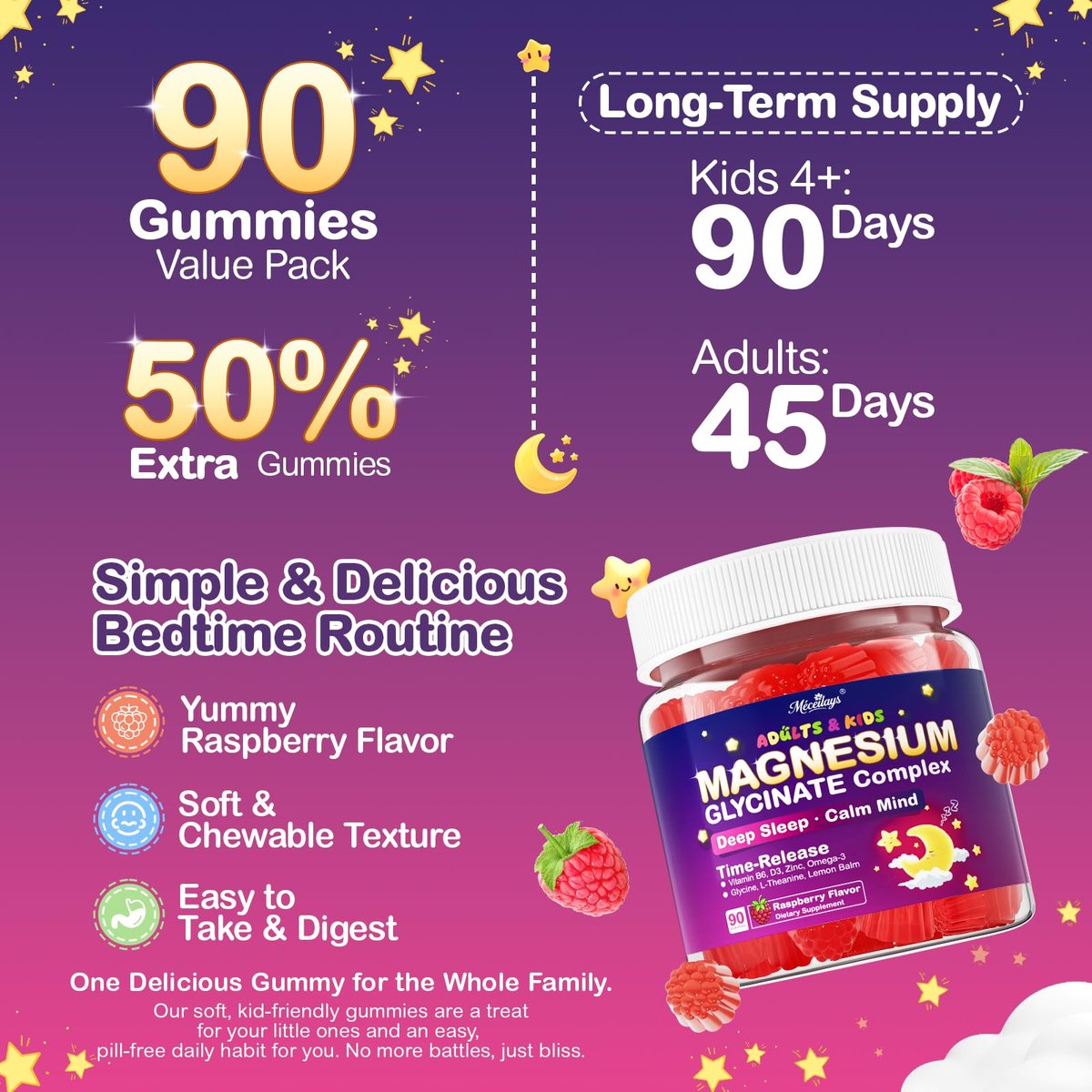 Magnesium Glycinat Gummis für Kinder ab 4 Jahren & Erwachsene, 90 Stück – Ohne Melatonin, Zuckerfrei, Vegan mit Glycin, L-Theanin, B6, D3, Zink & Omega 3 – Himbeergeschmack