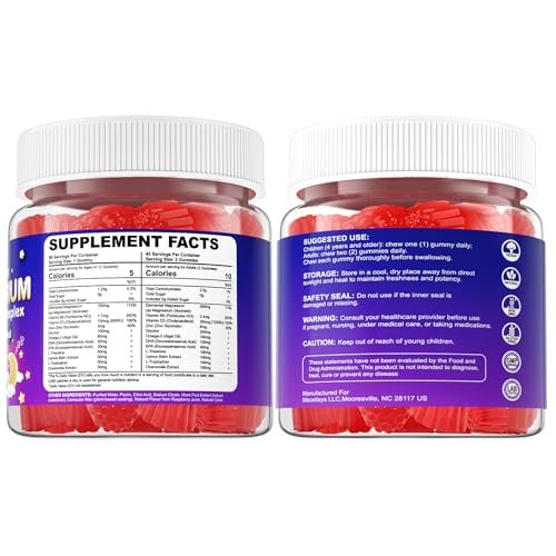 Magnesium Glycinat Gummis für Kinder ab 4 Jahren & Erwachsene, 90 Stück – Ohne Melatonin, Zuckerfrei, Vegan mit Glycin, L-Theanin, B6, D3, Zink & Omega 3 – Himbeergeschmack