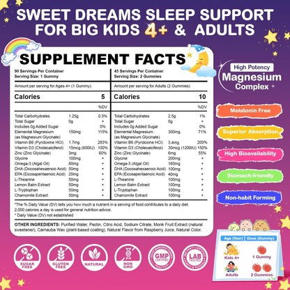 Magnesium Glycinat Gummis für Kinder ab 4 Jahren & Erwachsene, 90 Stück – Ohne Melatonin, Zuckerfrei, Vegan mit Glycin, L-Theanin, B6, D3, Zink & Omega 3 – Himbeergeschmack