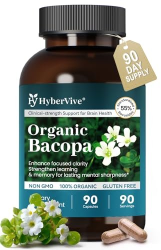 HyberVive Bacopa Monnieri Supplement 300 MG – Organischer Nootropischer Extrakt mit ≥55% Bacosiden für Gedächtnis, Fokus und kognitive Unterstützung – Hergestellt in den USA – 90 Kapseln