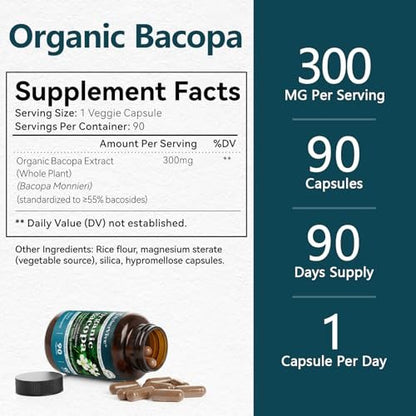 HyberVive Bacopa Monnieri Supplement 300 MG – Organischer Nootropischer Extrakt mit ≥55% Bacosiden für Gedächtnis, Fokus und kognitive Unterstützung – Hergestellt in den USA – 90 Kapseln